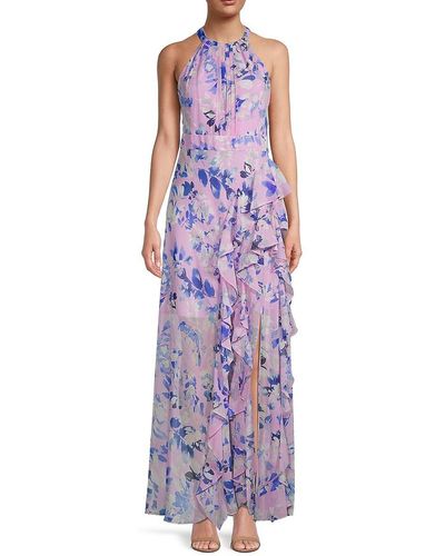 Eliza J Floral Halter Ruffle Maxi Dress - Purple