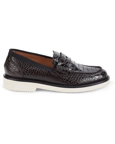 Aquatalia Karissa Croc Embossed Leather Penny Loafers - Black