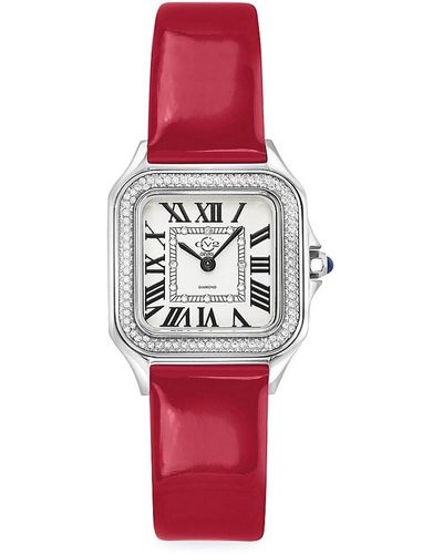 Gv2 Milan 27.5Mm Stainless Steel, Diamond & Leather Strap Watch - Red