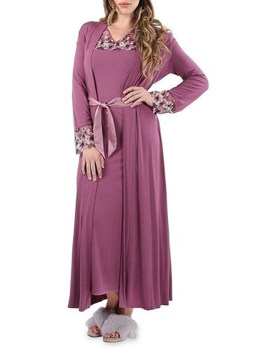 Memoi Floral Embroidered Long Robe - Purple