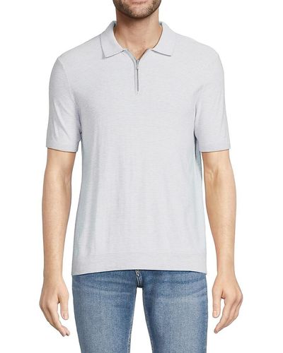 RAFFI Striped Silk Blend Zip Up Polo - White