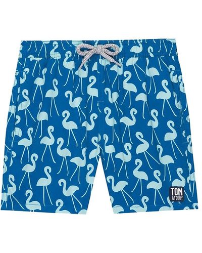 Tom & Teddy Flamingo Print Quick Drying Swim Trunks - Blue