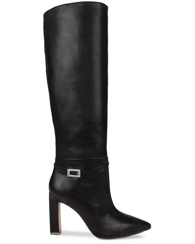 Black Suede Studio Buckle Leather Knee High Boots - Black