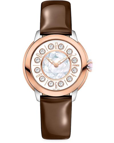 Fendi Ishine 38mm Two Tone 18k Rose Goldplated & Stainless Steel, Topaz, Black Spinel, Mother Of Pearl Leather Strap Watch - White
