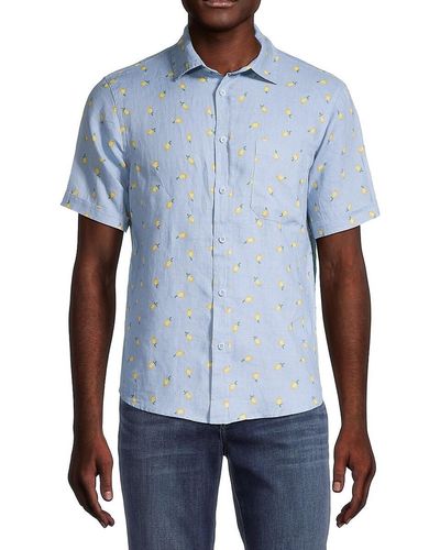 Saks Fifth Avenue Lemon-Print 100% Linen Shirt - Blue