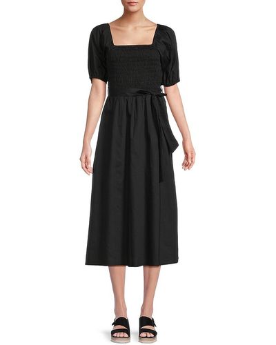 Kensie Belted Smocked Cotton Midi Dress - Black