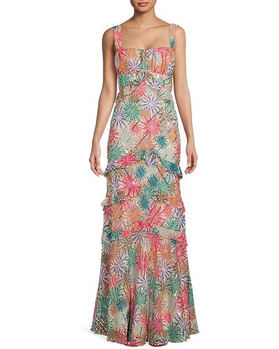 Saloni Whirlpool Sequin Floral Maxi Dress - White