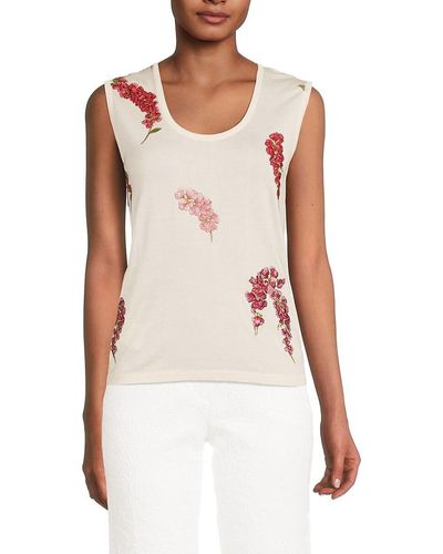 Giambattista Valli Cashmere Silk Floral Knit Tank Top - White