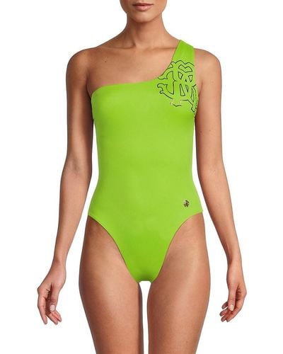 Roberto Cavalli Logo One Shoulder One-piece Swimsuit - Green