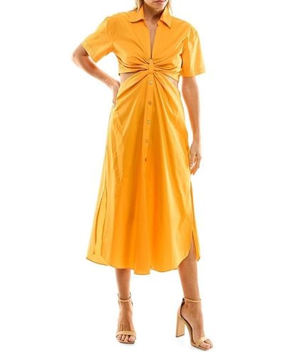 Nicole Miller Spread Collar Cutout Side Slit Midi Dress - Yellow