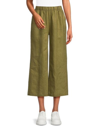 Saks Fifth Avenue 100% Linen Cropped Wide Leg Pants - Green