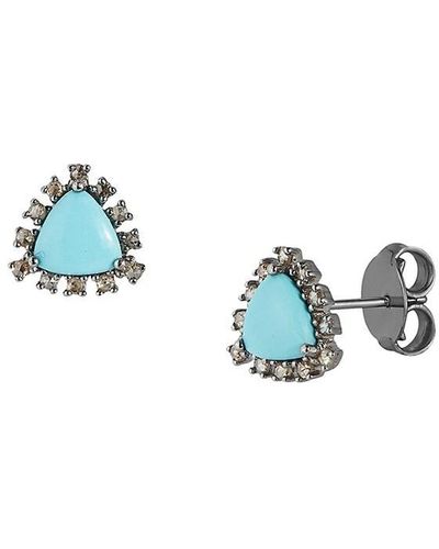 Banji Jewelry Black Rhodium Plated Sterling Silver, Brown Diamonds & Turquoise Trillion Stud Earrings - Blue