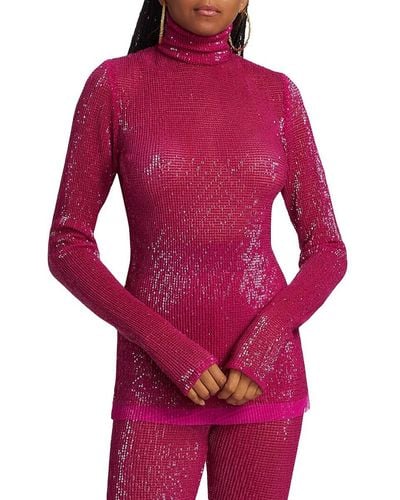 LAQUAN SMITH Sequined Turtleneck Mesh Top - Red