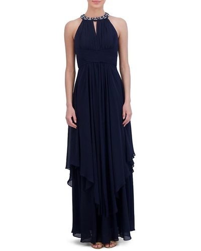 Eliza J Embellished Halter A-Line Gown - Blue