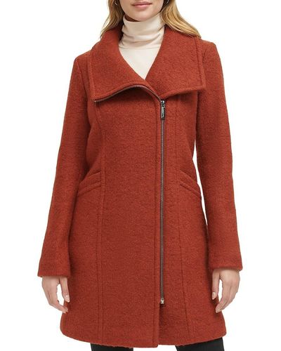 Kenneth Cole Asymmetrical Zip Wool Boucle Coat - Red