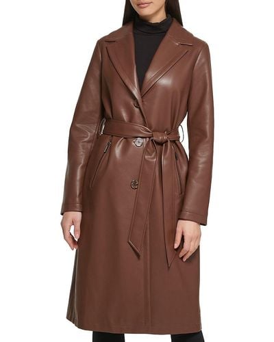 Kenneth Cole Faux Leather & Faux Fur Belted Trench Coat - Brown