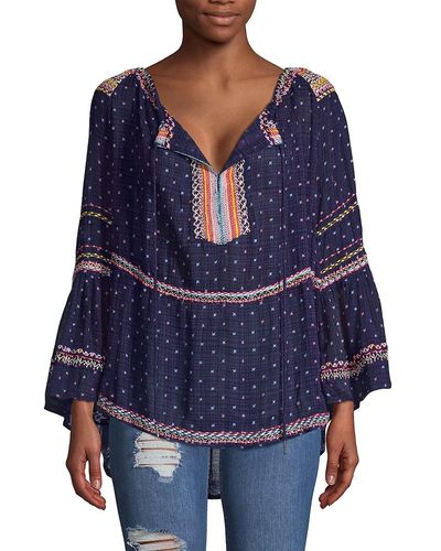 Free People Talia Embroidery Bell-sleeve Top - Blue