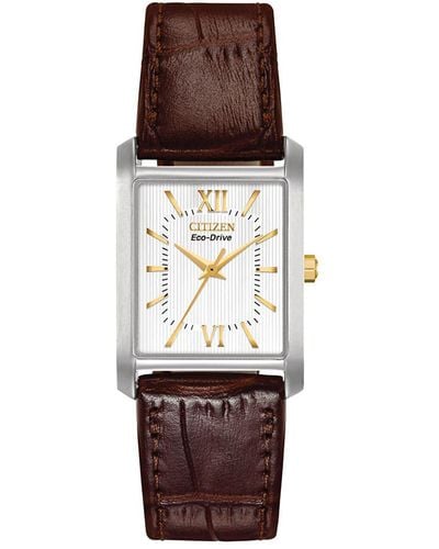 Citizen Eco-drive Stainless Steel And Embossed Leather Rectangular Watch - Brown