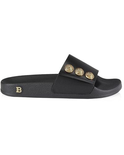 Balmain Symi Leather Button Slides - Black
