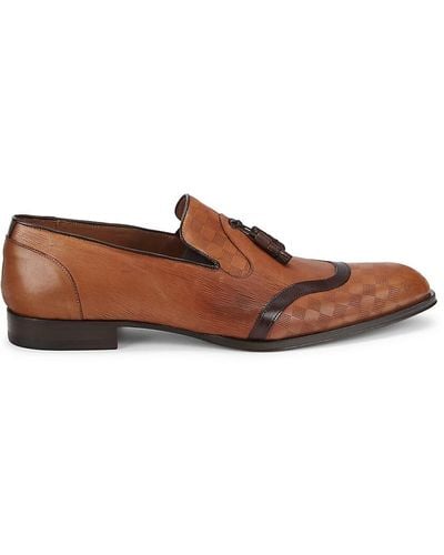 Mezlan Verona Checker Embossed Leather Tassel Loafers - Natural