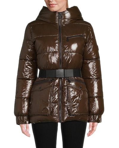 St. John Dkny Sport Glossy Belted & Hooded Puffer Jacket - Brown