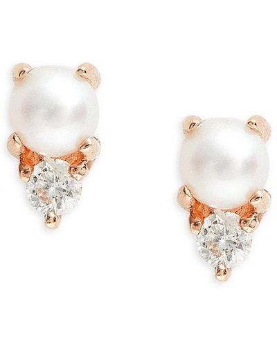 EF Collection Core 14k Rose Gold, 1mm Freshwater Pearl & Diamond Birthstone Stud Earrings - White