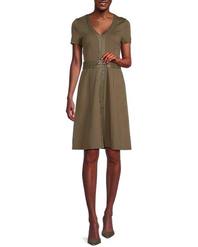 Ellen Tracy Ponte Faux Leather Fit & Flare Dress - Natural
