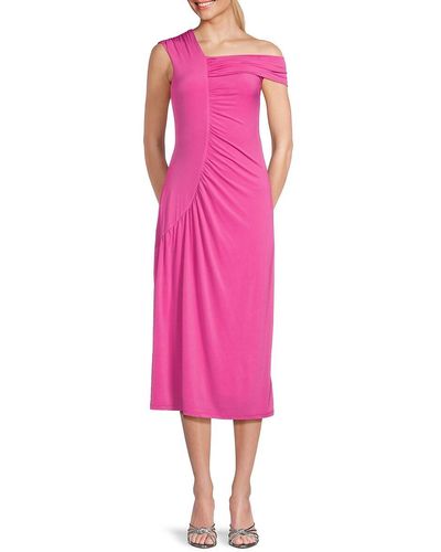 Adrienne Landau Asymmetric Ruched Midi Dress - Pink