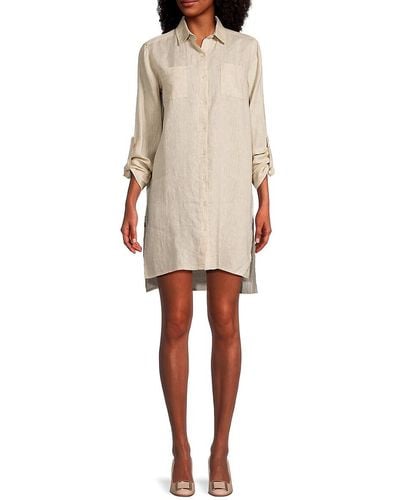 Saks Fifth Avenue 100% Linen Side Slit Shirt Dress - Natural