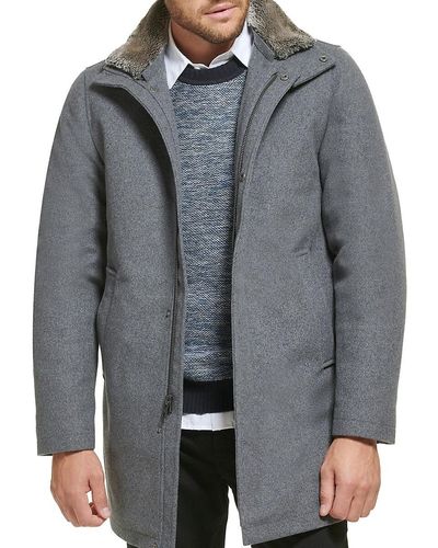 Calvin Klein Urban Walking Faux Fur Trim Wool Blend Overcoat - Grey