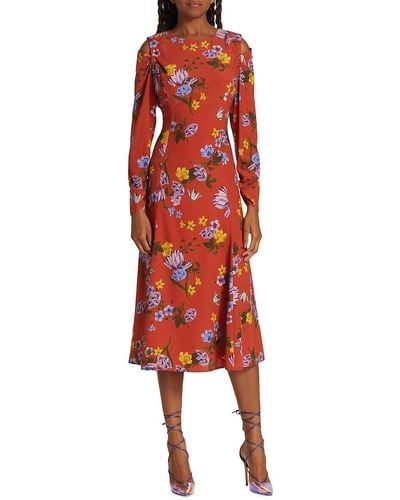 Tahari Holland Silk Blend Floral Midi Dress - Red