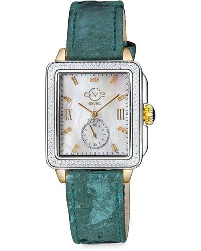 Gv2 Bari 34mm Stainless Steel, Diamond, Mother Of Pearl & Leather Strap Watch - Green