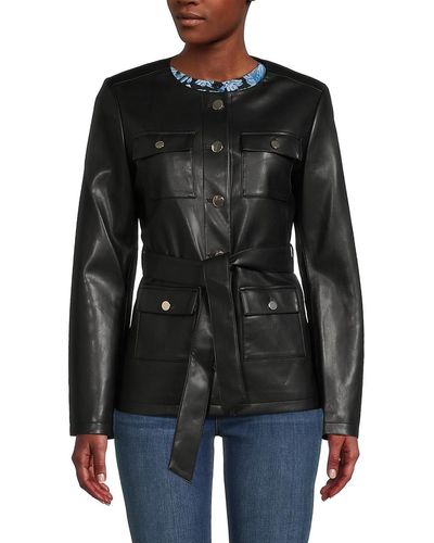 Elie Tahari T Tahari Faux Leather Tie Jacket - Black