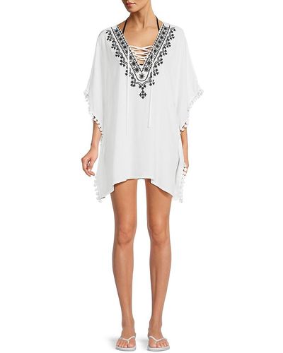 Saks Fifth Avenue Saks Fifth Avenue Embroidered Lace Up Caftan - White