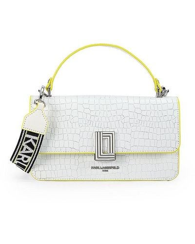 Karl Lagerfeld Simone Embossed Croc Leather Two Way Top Handle Bag - White