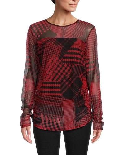 St. John Dkny Print Ruched Long Sleeve Top - Red