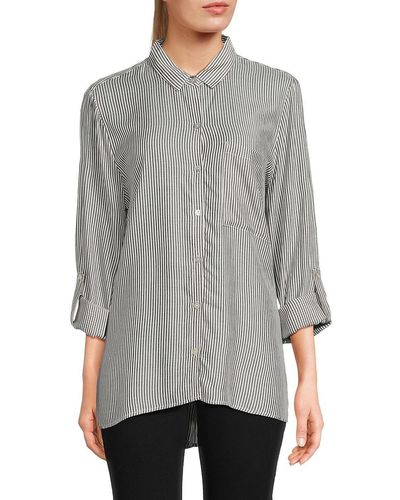 Joan Vass Stripe Tab Sleeve Shirt - Gray