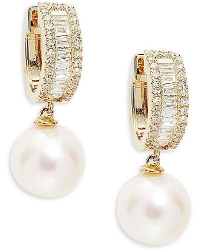 Effy 14K, 8Mm Freshwater Pearl & Diamond Drop Earrings - White