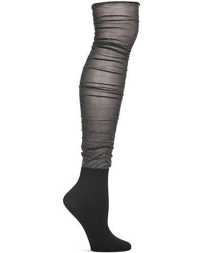 Memoi Shimmer Mesh Thigh High Stockings - Black