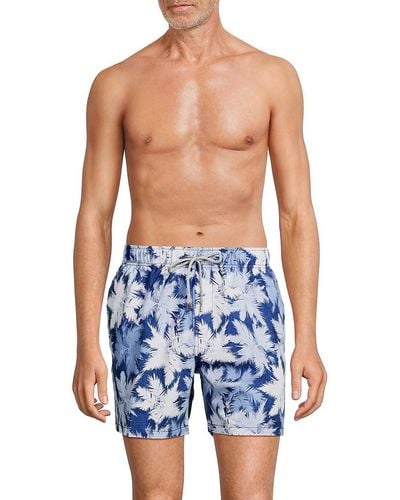 Vintage Summer Print Seersucker Swim Shorts - Blue