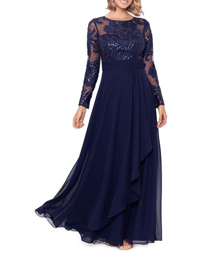 Xscape Sheer Illusion Beaded A Line Gown - Blue