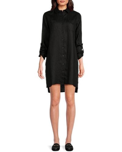 Saks Fifth Avenue 100% Linen Side Slit Shirt Dress - Black