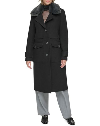 Andrew Marc Olpae Faux Fur Collar Wool Blend Trench Coat - Black