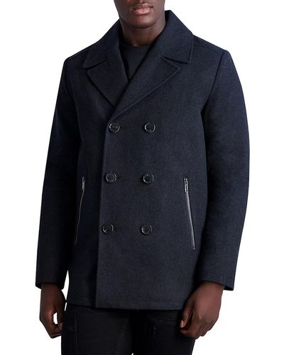 Karl Lagerfeld Double Breasted Wool Blend Peacoat - Blue