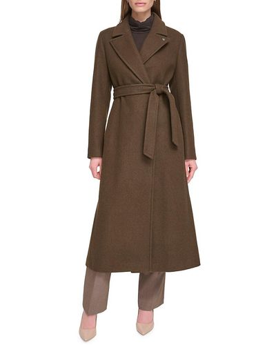 Calvin Klein Faux Wool Belted Wrap Coat - Brown