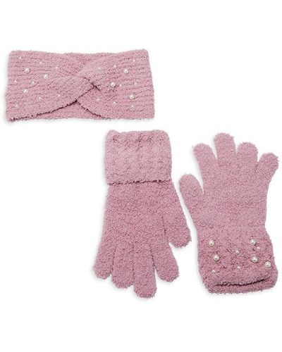 Vince Camuto 2-piece Faux Pearl Embellished Headband & Gloves Set - Pink