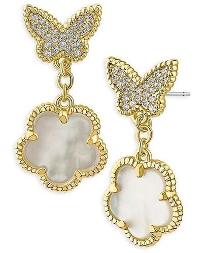 CZ by Kenneth Jay Lane Look Of Real 14k Goldplated, Mother Of Pearl & Cubic Zirconia Butterfly Clover Earrings - Metallic