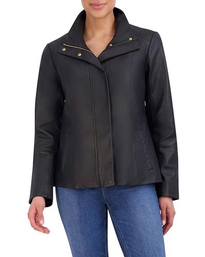 Cole Haan Stand Collar Leather Jacket - Black