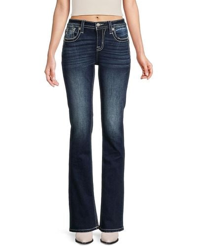 Miss Me Mid Rise Feather Embroidered Bootcut Jeans - Blue
