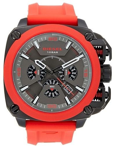 DIESEL Bamf 52mm Stainless Steel Case & Silicone Strap Chronograph Watch - Red